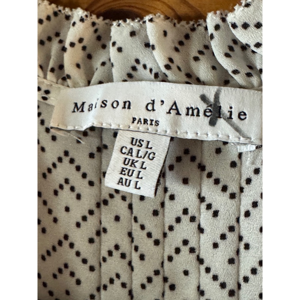 Maison d'Amelie Paris Womens Large White Black Geometric Pintuck Ruffle Blouse - Picture 4 of 8